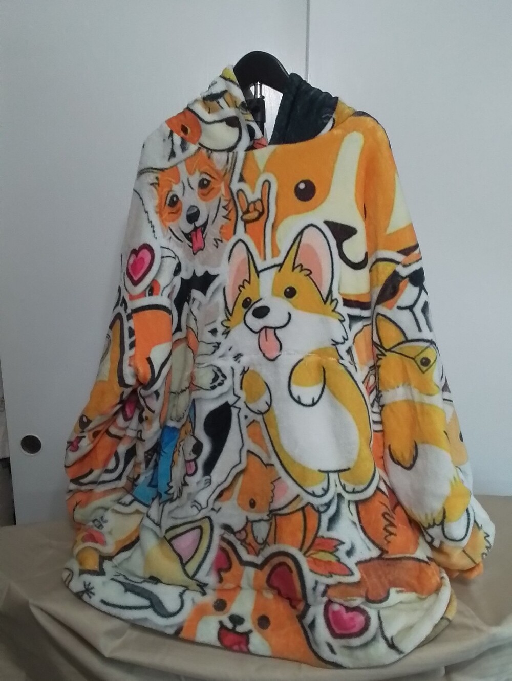 Corgi Print Plush Hooded Throw - Orange & White